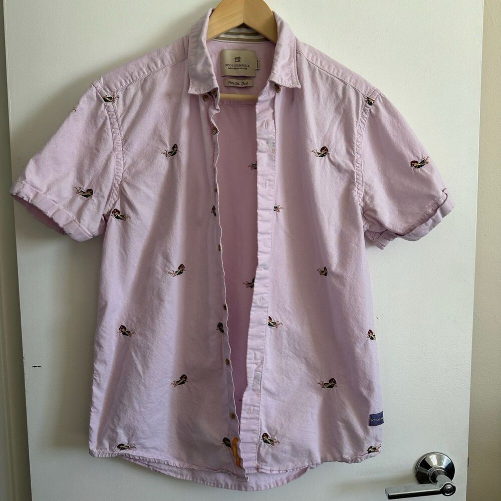 Scotch & Soda Men’s Paradise Shirt Pink Short Sleeve Button Down Size M